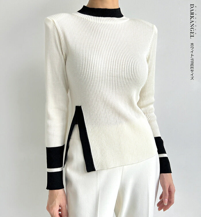 ハイネック配色ニット