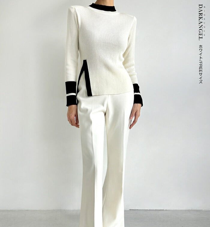 ハイネック配色ニット