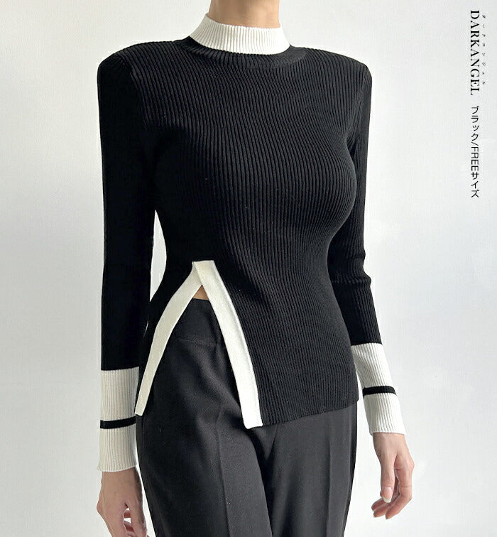 ハイネック配色ニット