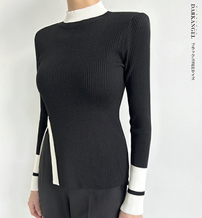 ハイネック配色ニット