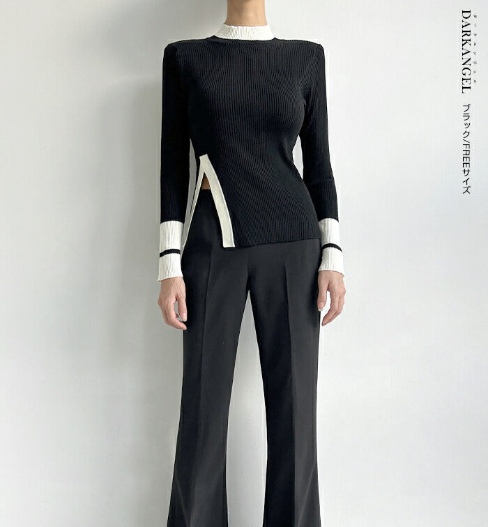 ハイネック配色ニット