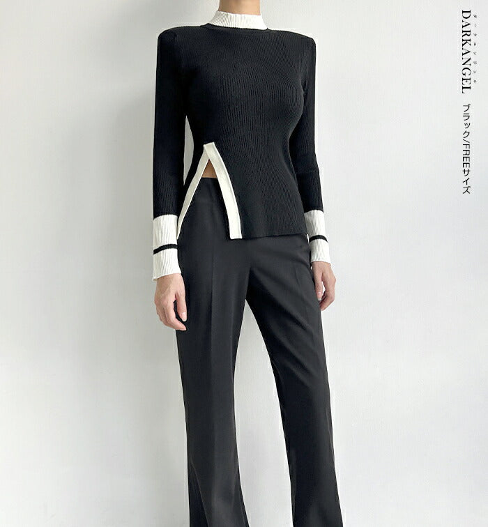 ハイネック配色ニット