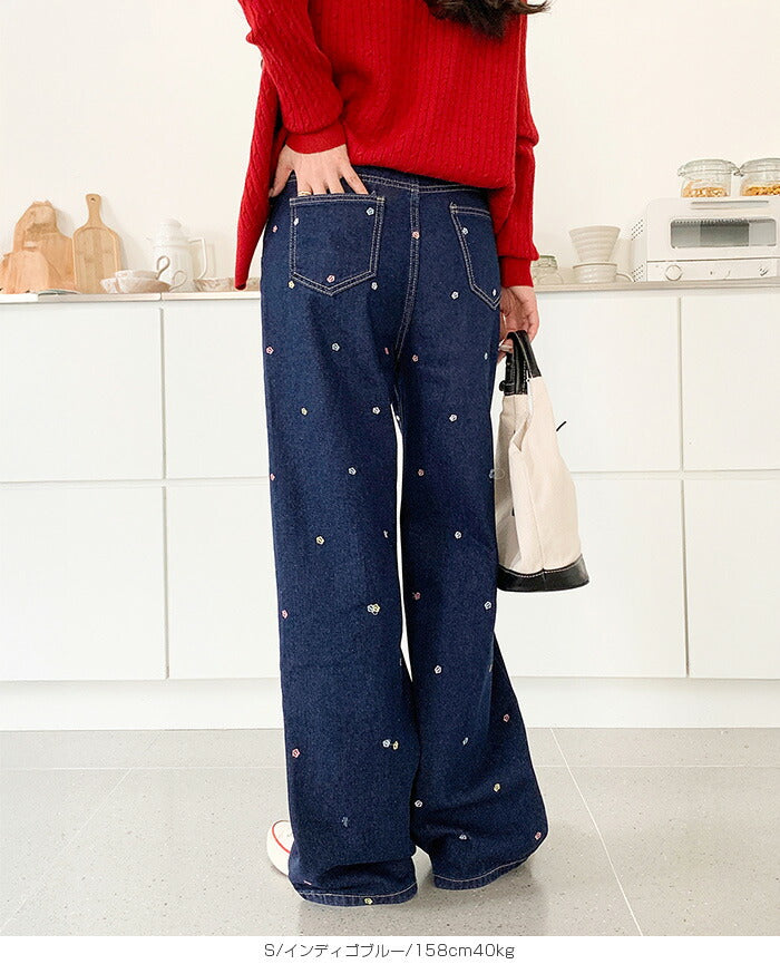 05size | 刺しゅう小花柄ワイドデニムパンツ