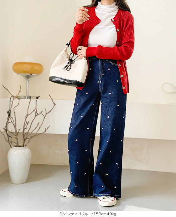 05size | 刺しゅう小花柄ワイドデニムパンツ