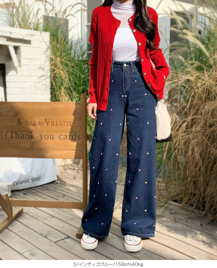 05size | 刺しゅう小花柄ワイドデニムパンツ