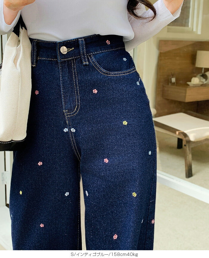 05size | 刺しゅう小花柄ワイドデニムパンツ