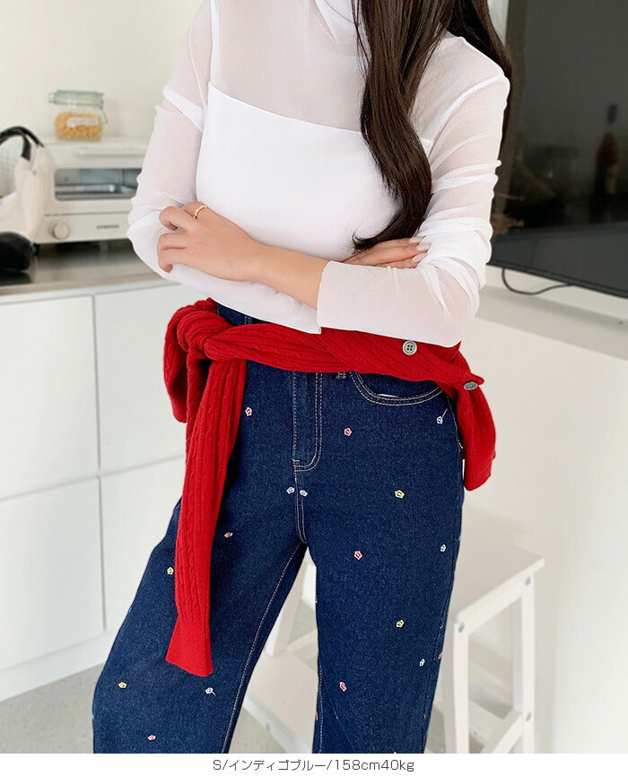 05size | 刺しゅう小花柄ワイドデニムパンツ