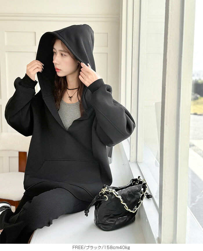 キーネック裏起毛スウェットパーカー