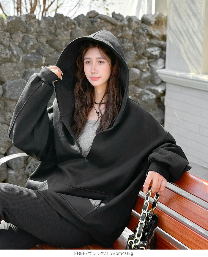 キーネック裏起毛スウェットパーカー