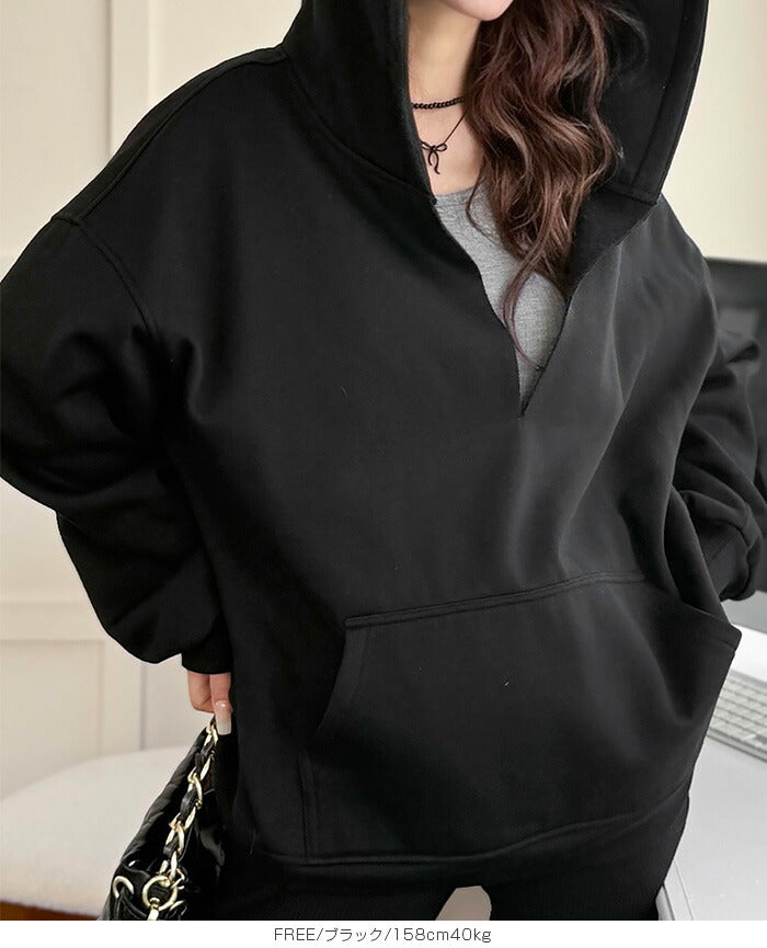 キーネック裏起毛スウェットパーカー