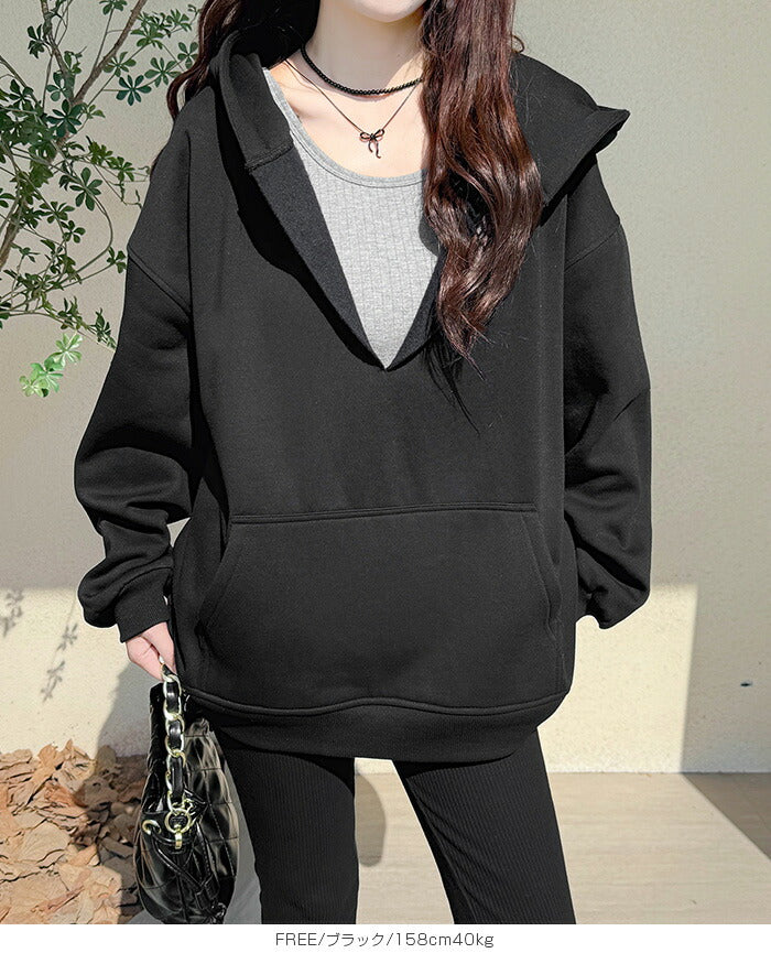 キーネック裏起毛スウェットパーカー