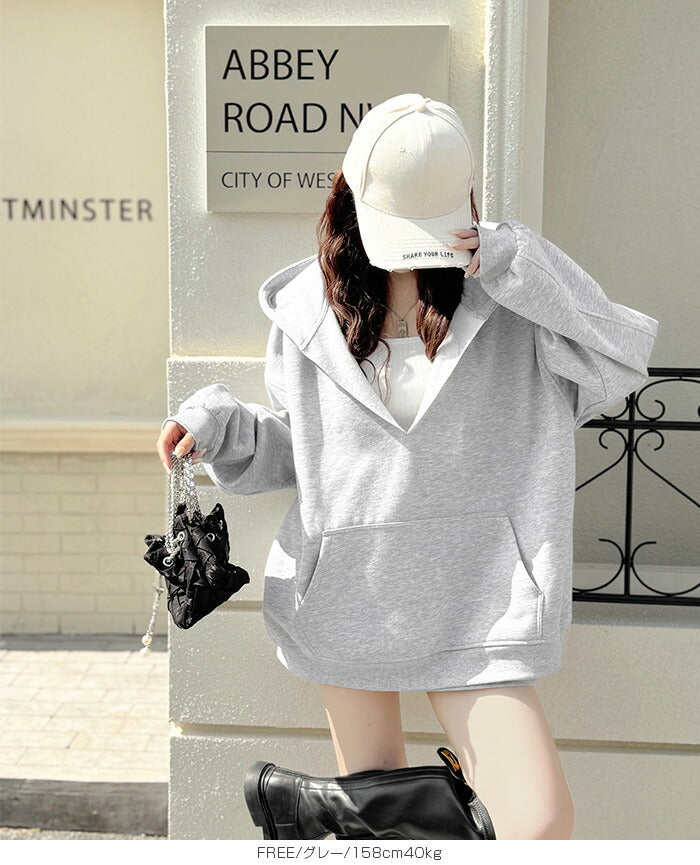 キーネック裏起毛スウェットパーカー