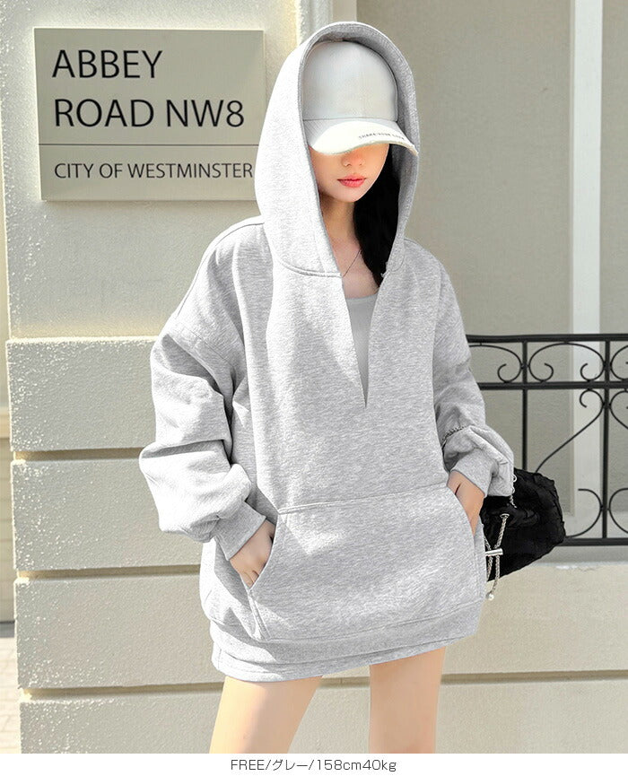 キーネック裏起毛スウェットパーカー