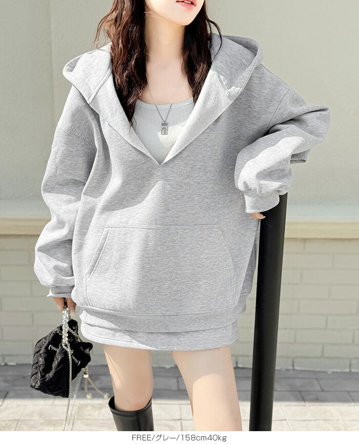 キーネック裏起毛スウェットパーカー