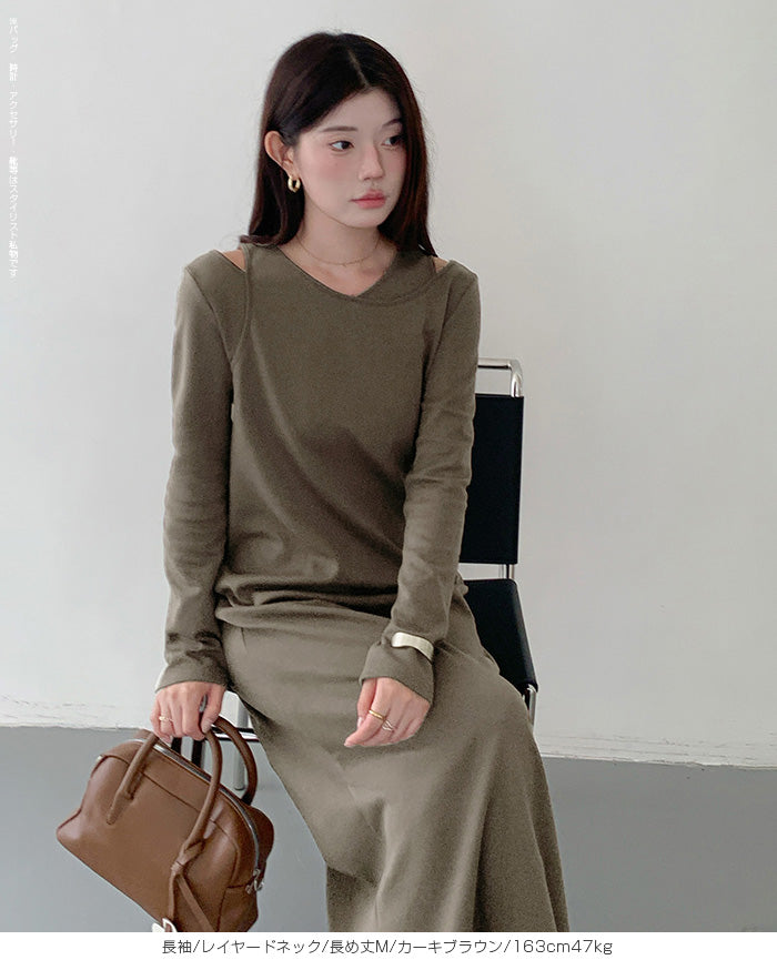 レイヤードネックマキシワンピース