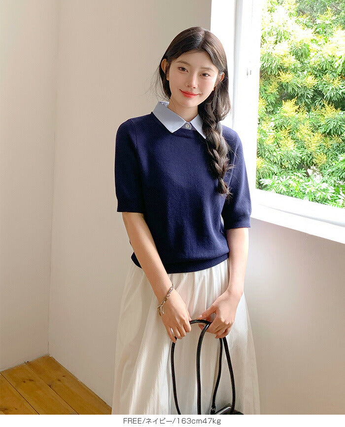 涼感襟付き半袖ニット