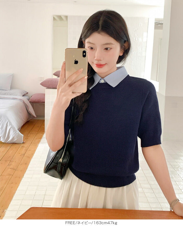 涼感襟付き半袖ニット