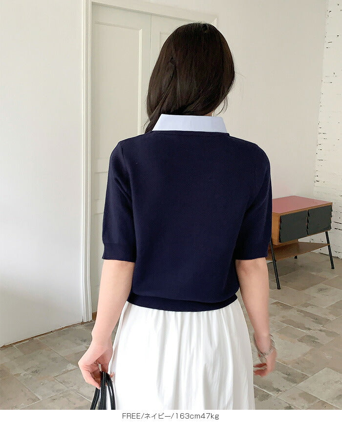 涼感襟付き半袖ニット