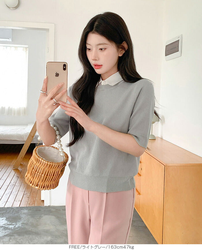 涼感襟付き半袖ニット