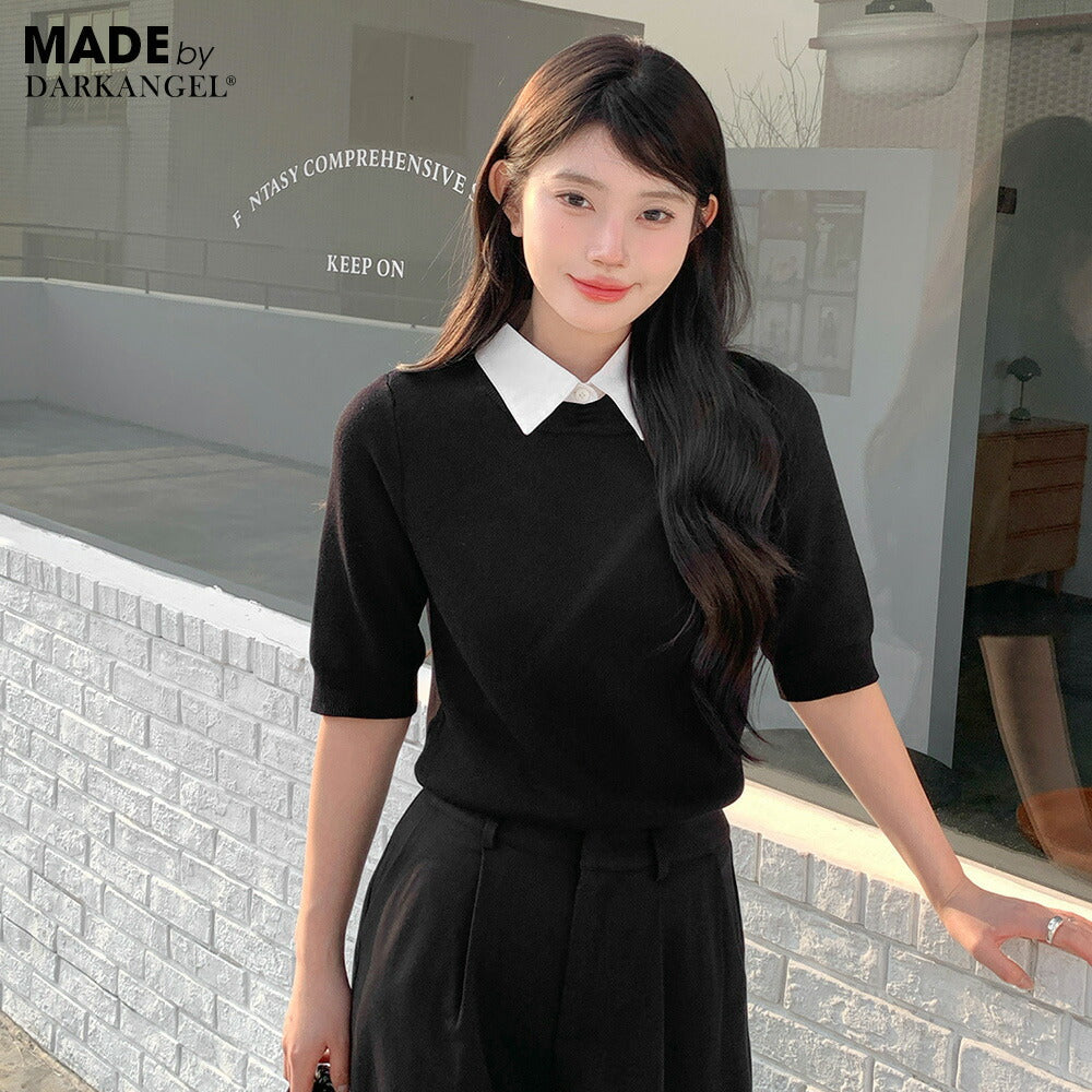 涼感襟付き半袖ニット