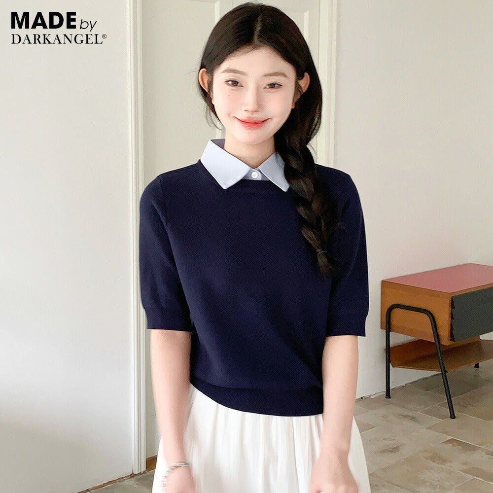 涼感襟付き半袖ニット