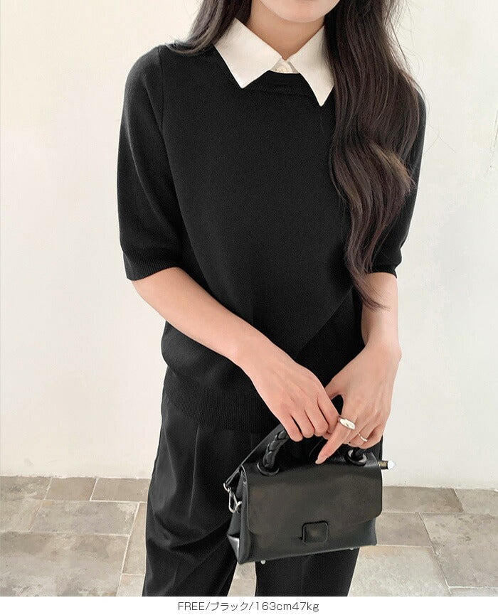 涼感襟付き半袖ニット