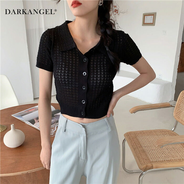 クロシェ編みポロネックトップス