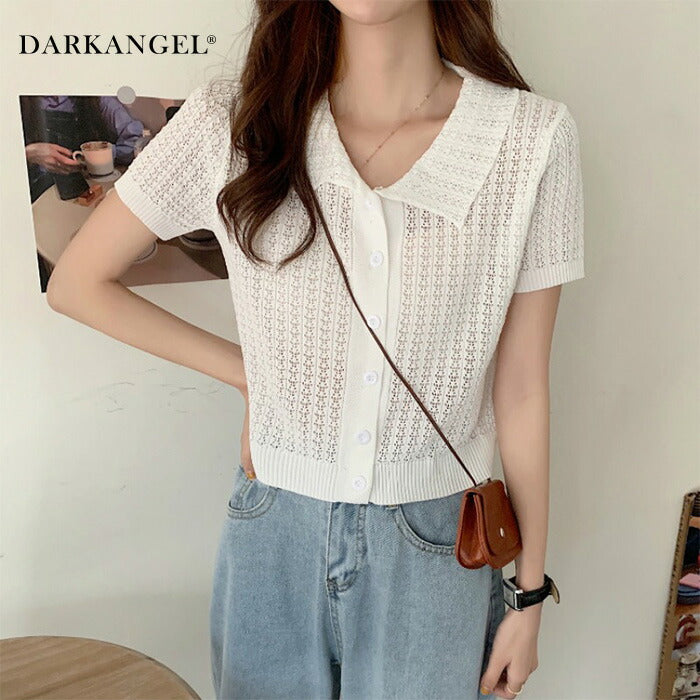 クロシェ編みポロネックトップス