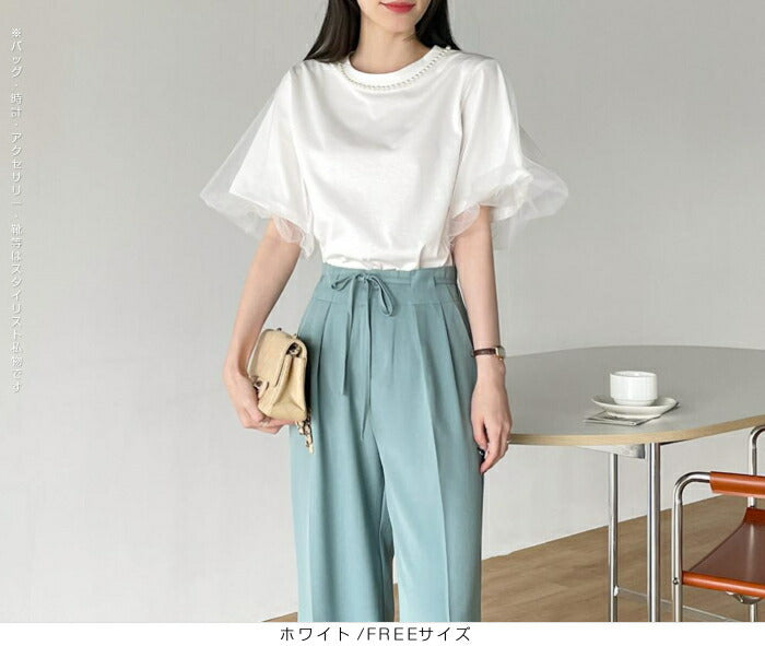 パールチュール袖Tシャツ