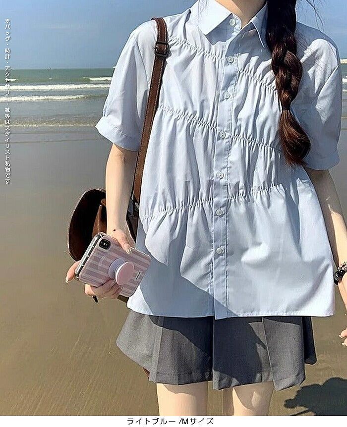 ギャザーデザインツイルブラウス