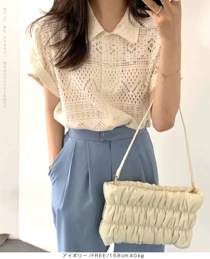 透かし編み半袖ニットシャツ