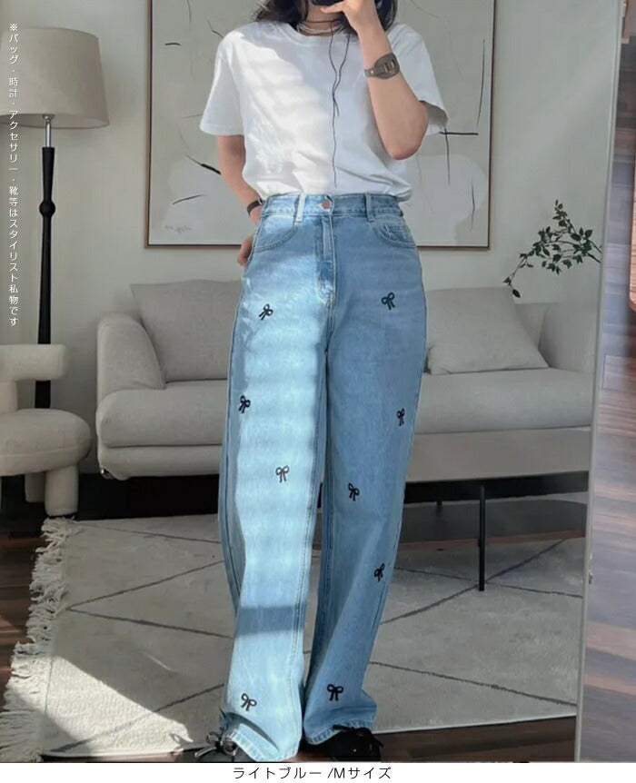 ストレート刺繍リボンデニムパンツ