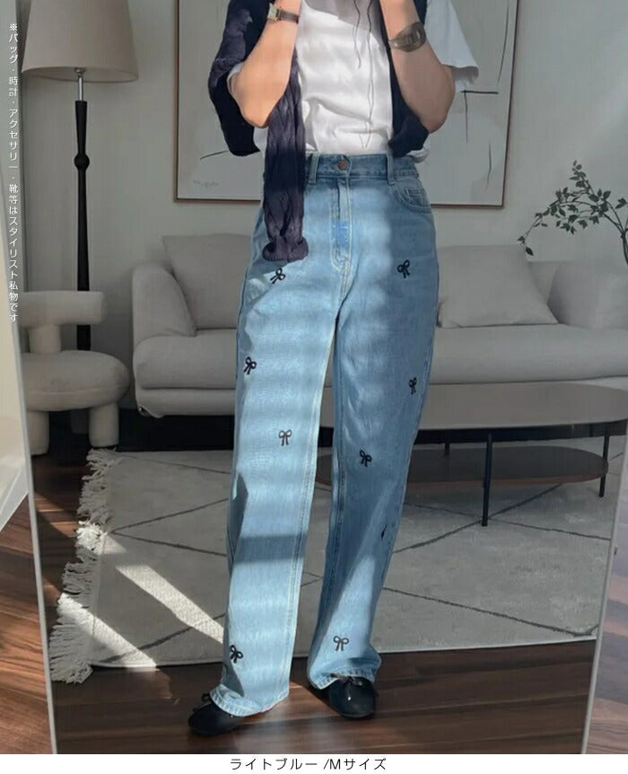 ストレート刺繍リボンデニムパンツ