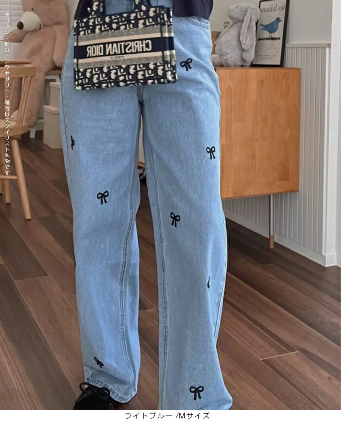 ストレート刺繍リボンデニムパンツ