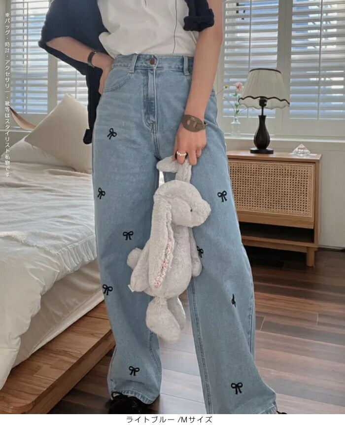 ストレート刺繍リボンデニムパンツ
