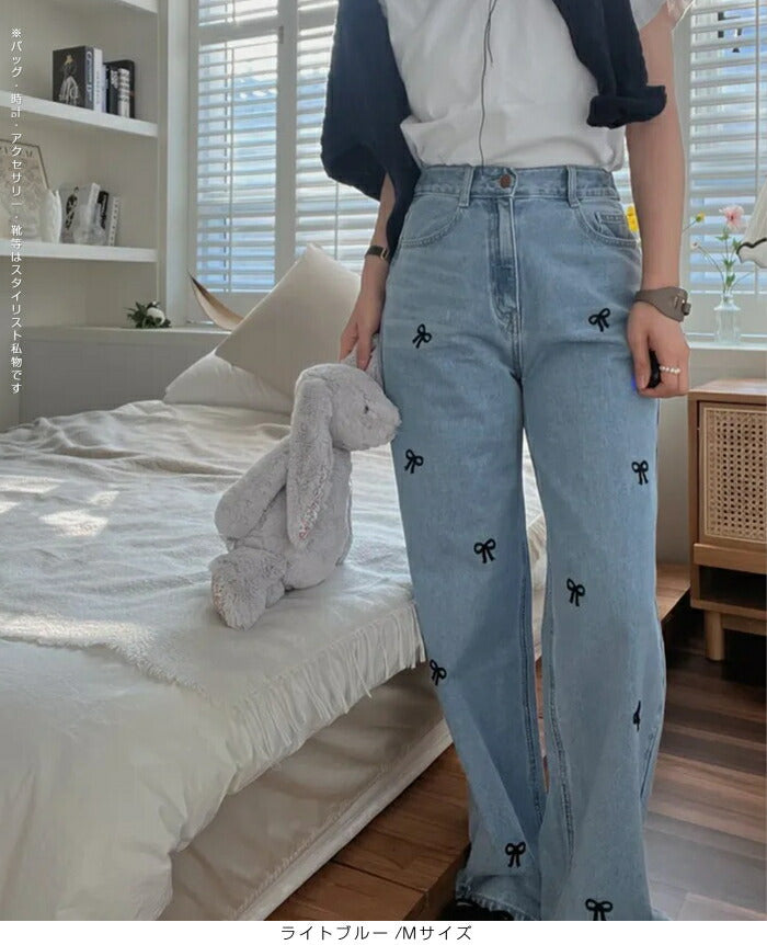 ストレート刺繍リボンデニムパンツ