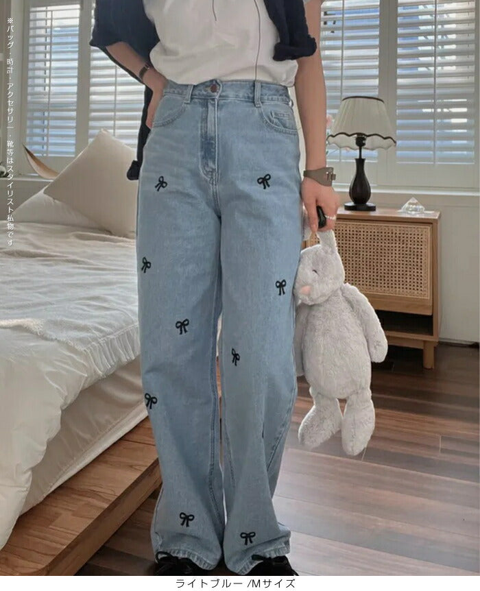 ストレート刺繍リボンデニムパンツ
