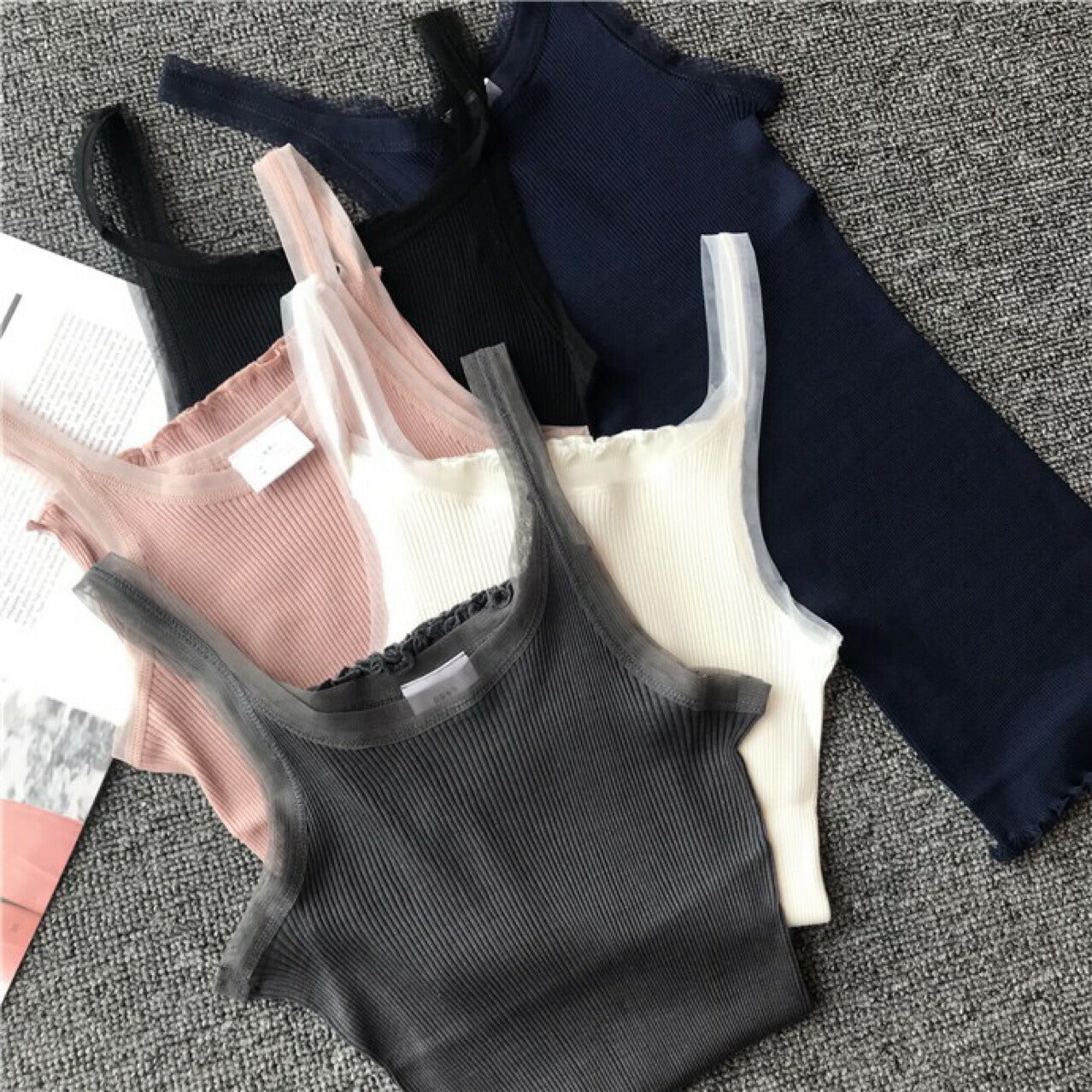 シルク混チュールリブタンクトップ