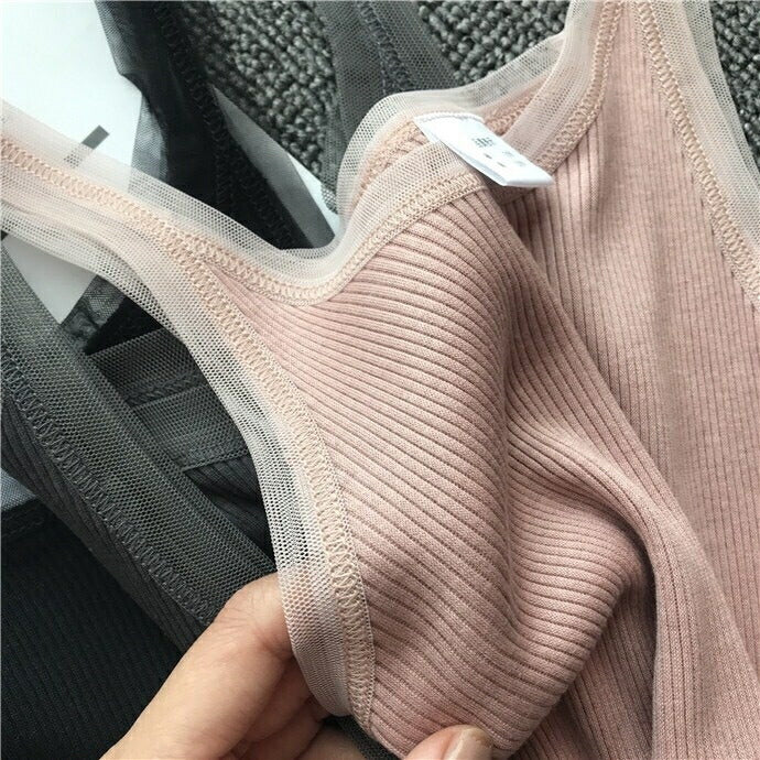 シルク混チュールリブタンクトップ