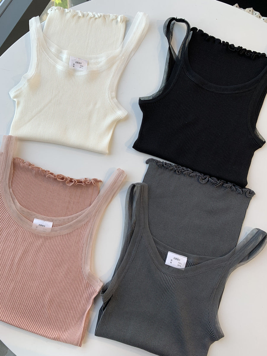 シルク混チュールリブタンクトップ
