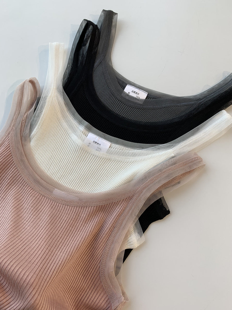 シルク混チュールリブタンクトップ