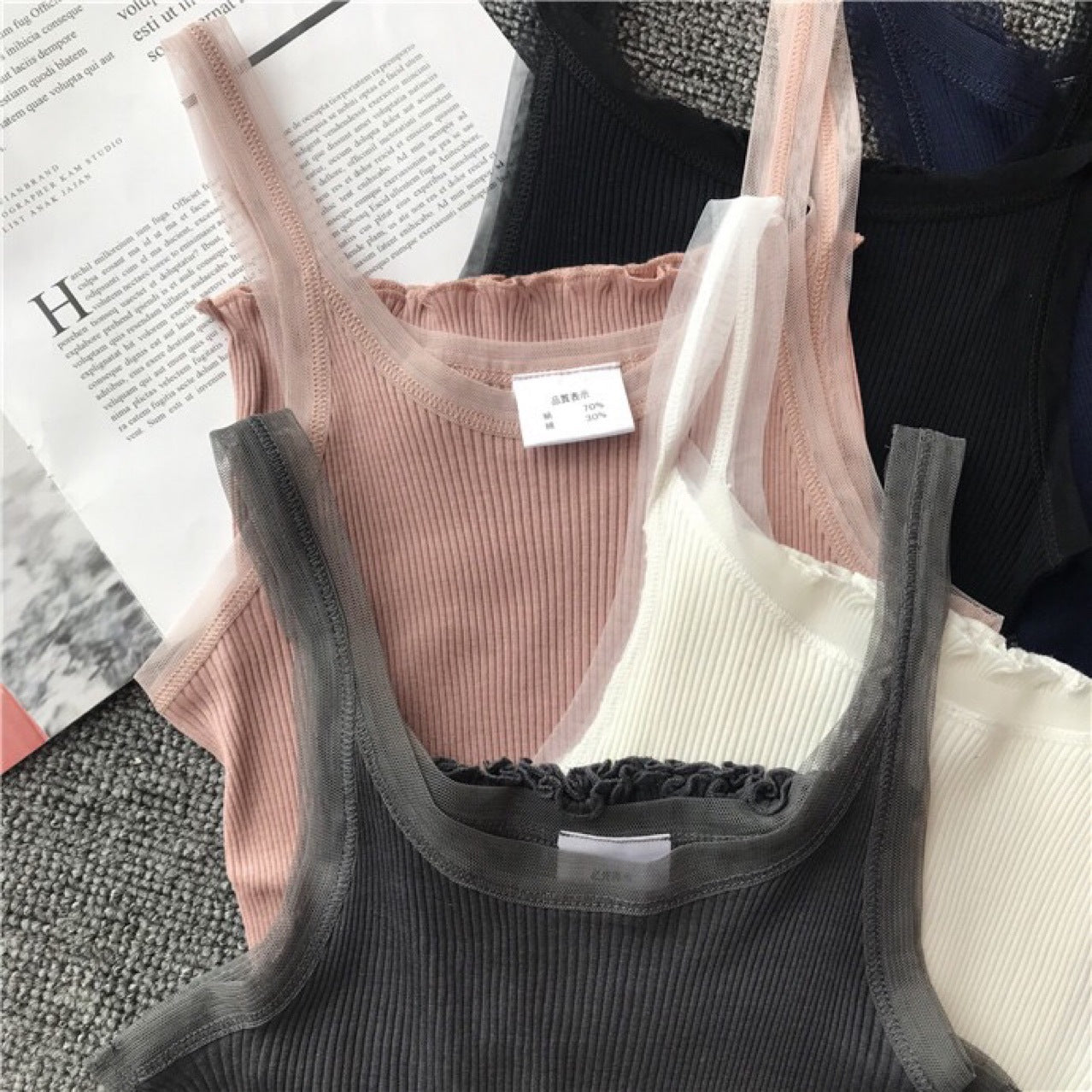 シルク混チュールリブタンクトップ