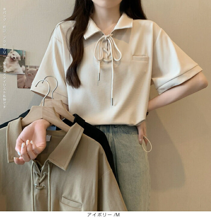ポロカラーレースアップトップス