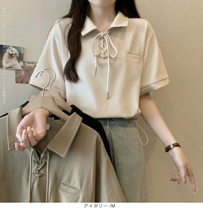 ポロカラーレースアップトップス
