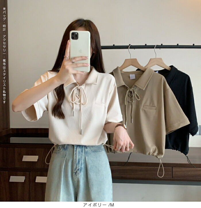 ポロカラーレースアップトップス