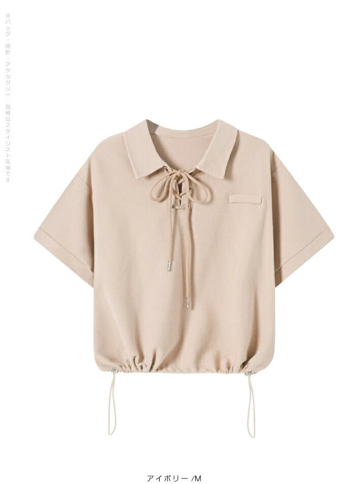 ポロカラーレースアップトップス