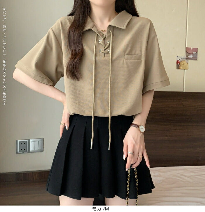 ポロカラーレースアップトップス