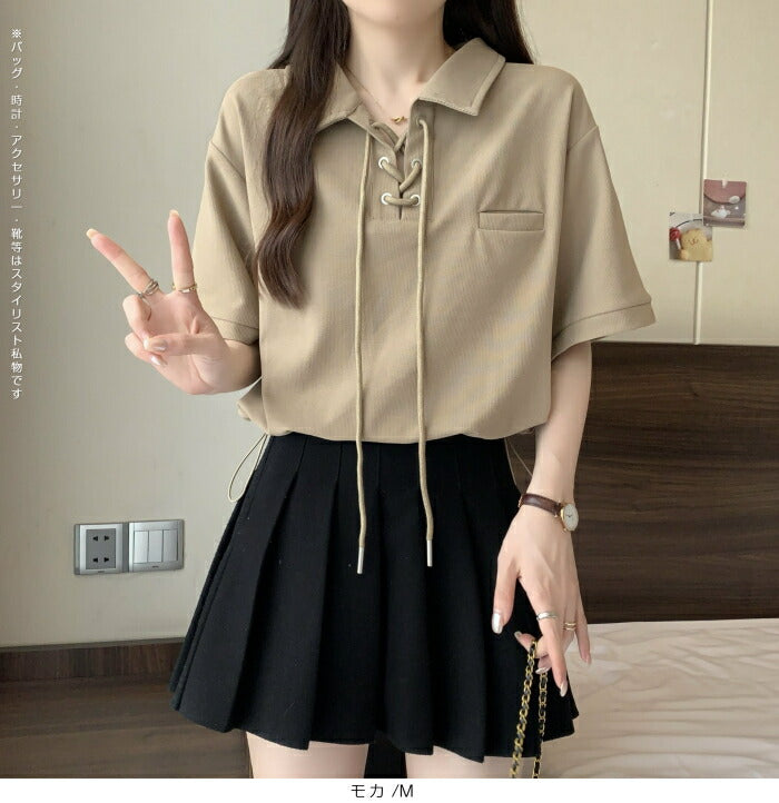 ポロカラーレースアップトップス