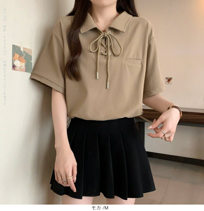 ポロカラーレースアップトップス