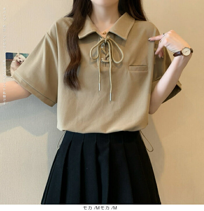 ポロカラーレースアップトップス